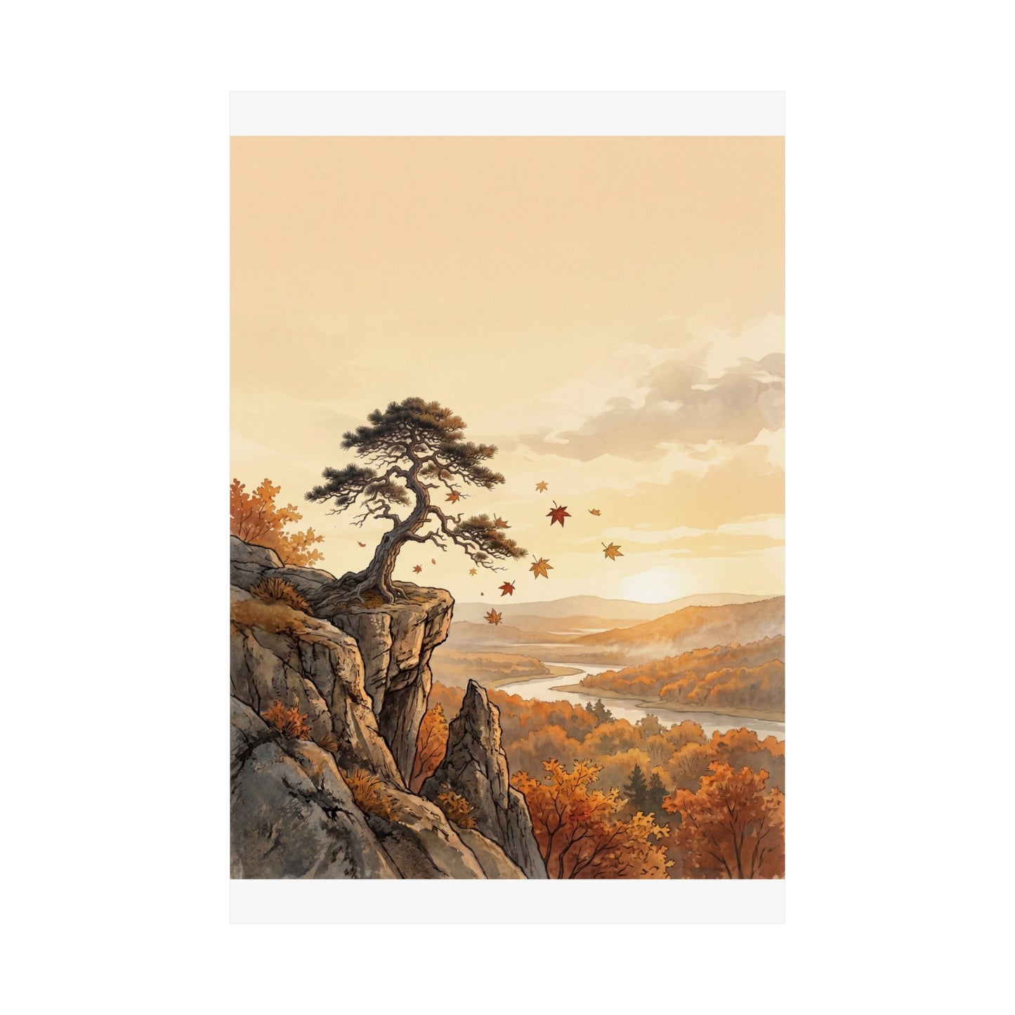 Japandi Pine Tree in Golden Hour | Japanese Pattern Wall Art Print