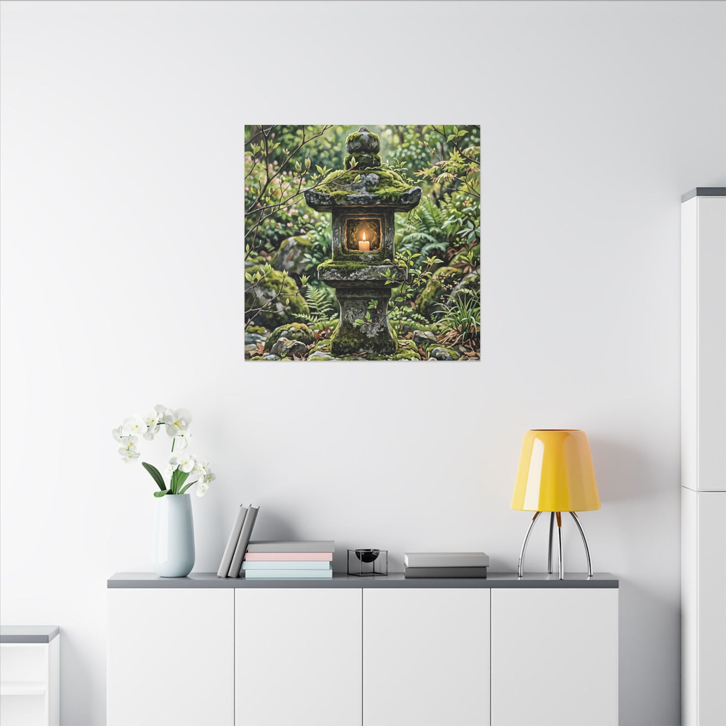 Neutral Stone Lantern Canvas Art - Japanese Pattern Japandi