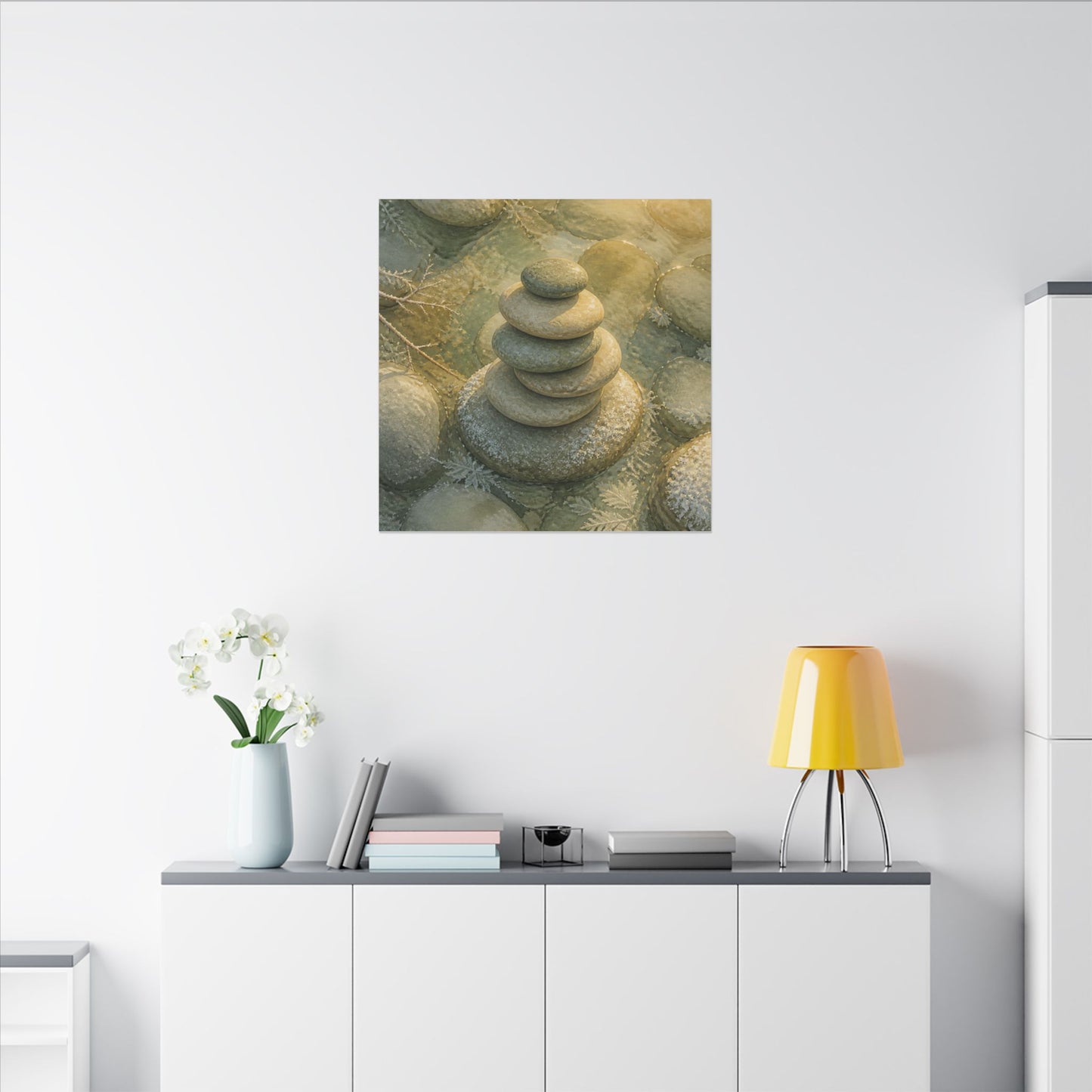 River Stones Watercolor Canvas Art | Elegant Japandi Art