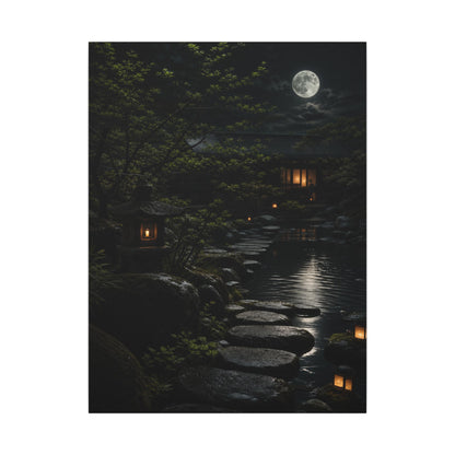 Moonlit Garden Shadow Zen Canvas Art | Sophisticated Dark Japandi Art