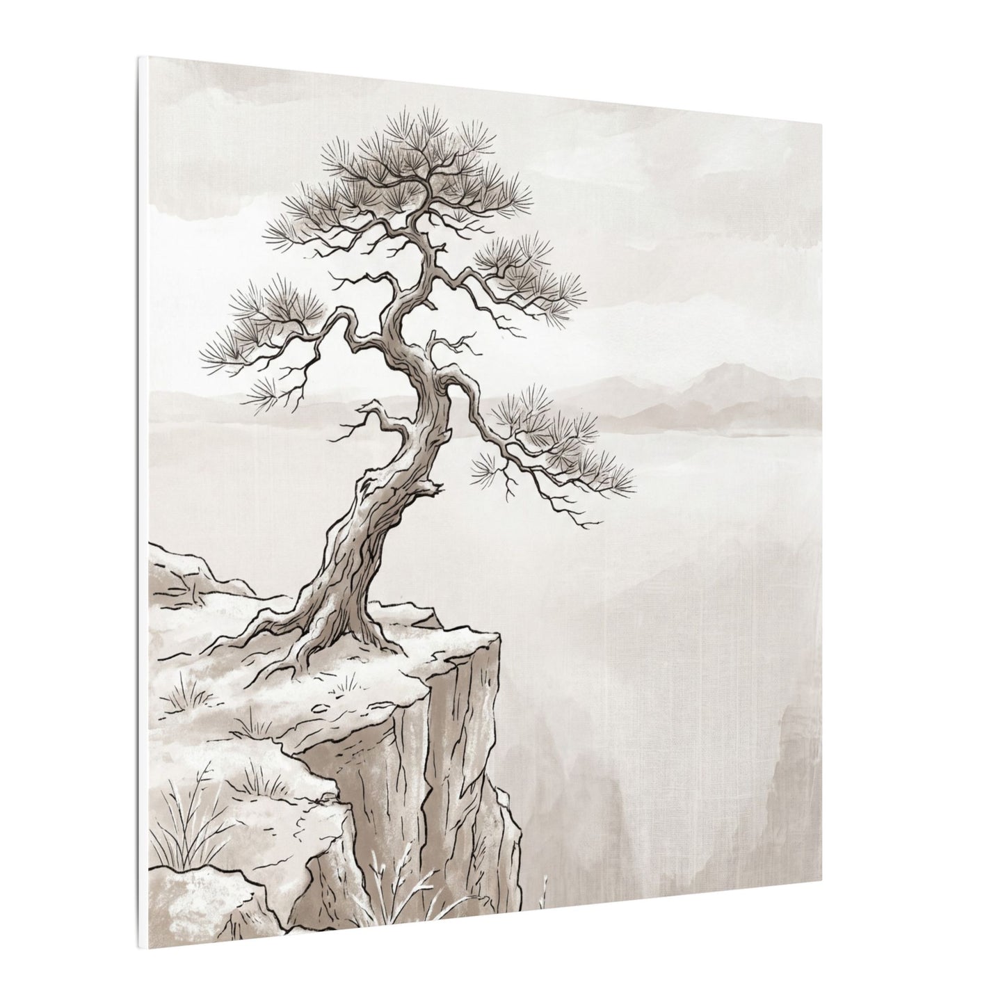 Neutral Pine Tree Canvas Art - Minimal Line Japandi