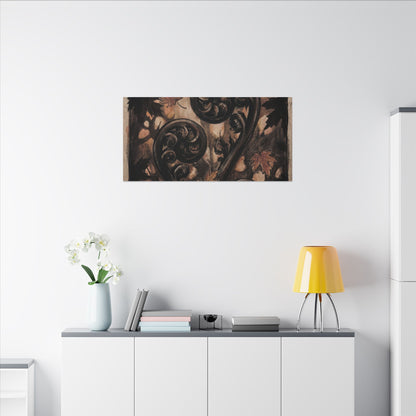 Mono No Aware Fern Unfurling Canvas Art - Dark Japandi Charcoal Ink