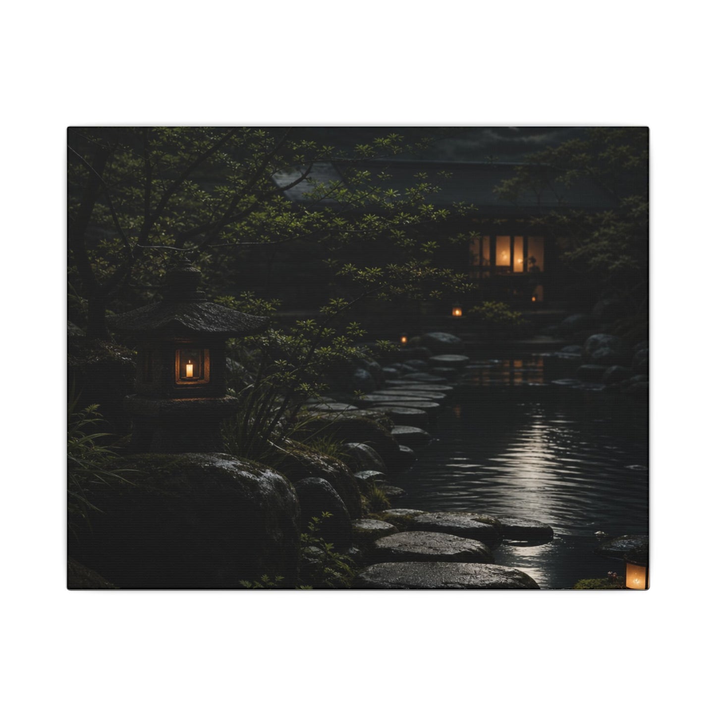 Moonlit Garden Shadow Zen Canvas Art | Sophisticated Dark Japandi Art
