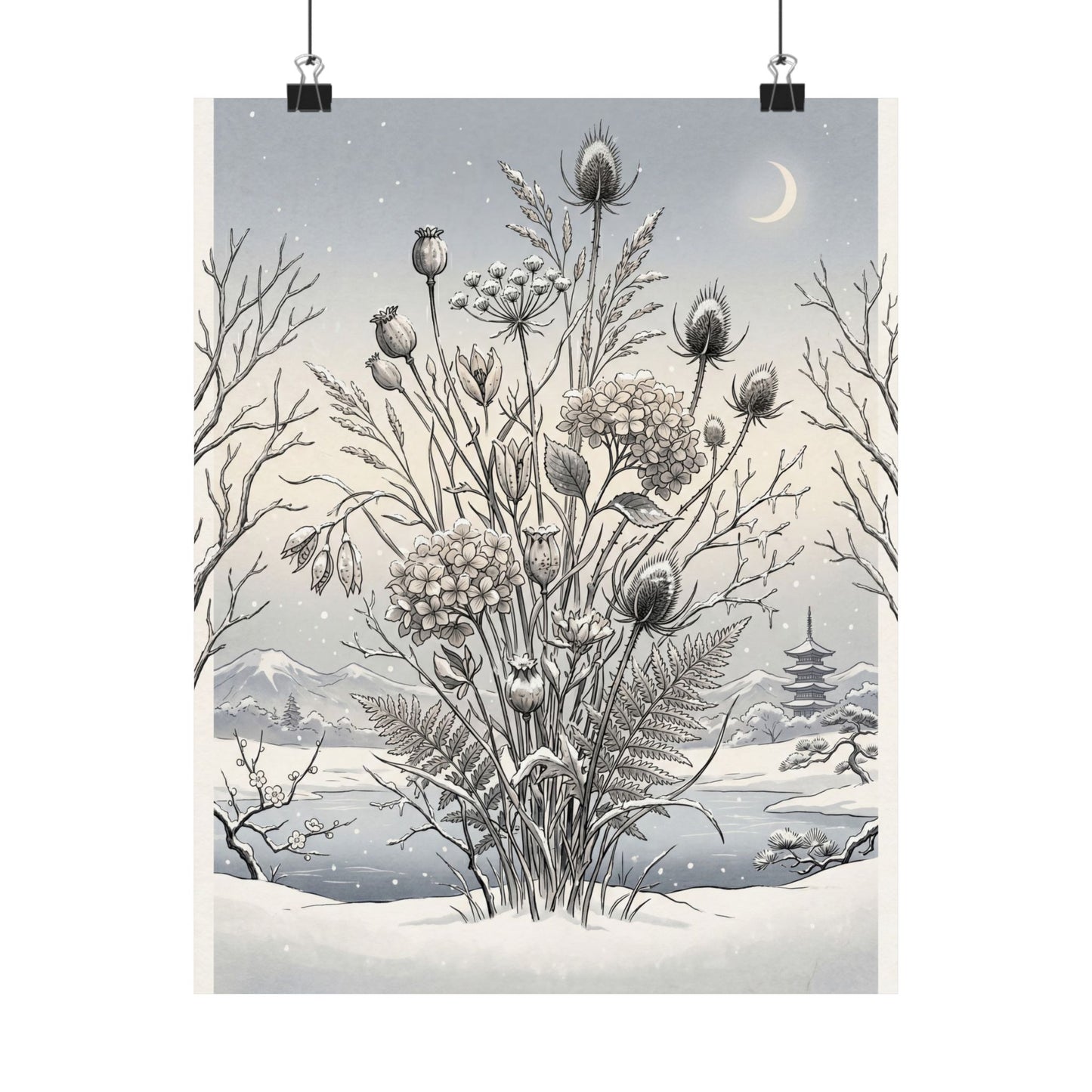 Zen Dried Flowers in Dawn | Ukiyo E Inspired Wall Art Print