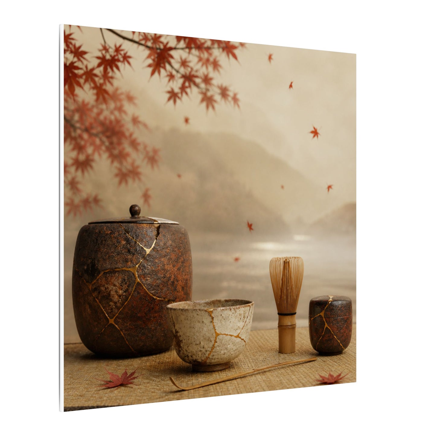 Tea Ceremony Canvas Art | Autumn Kintsugi Gold Vein Art