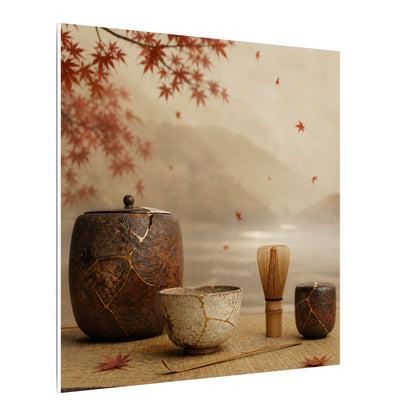 Tea Ceremony Canvas Art | Autumn Kintsugi Gold Vein Art
