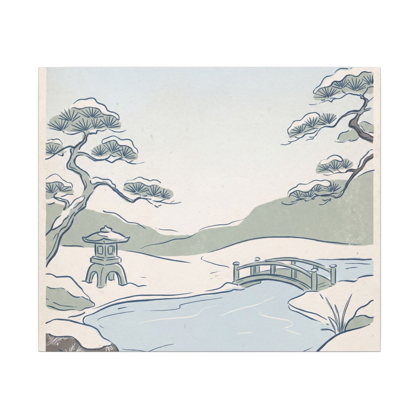 Japandi Moonlit Garden in Moonlight | Minimal Line Canvas Art