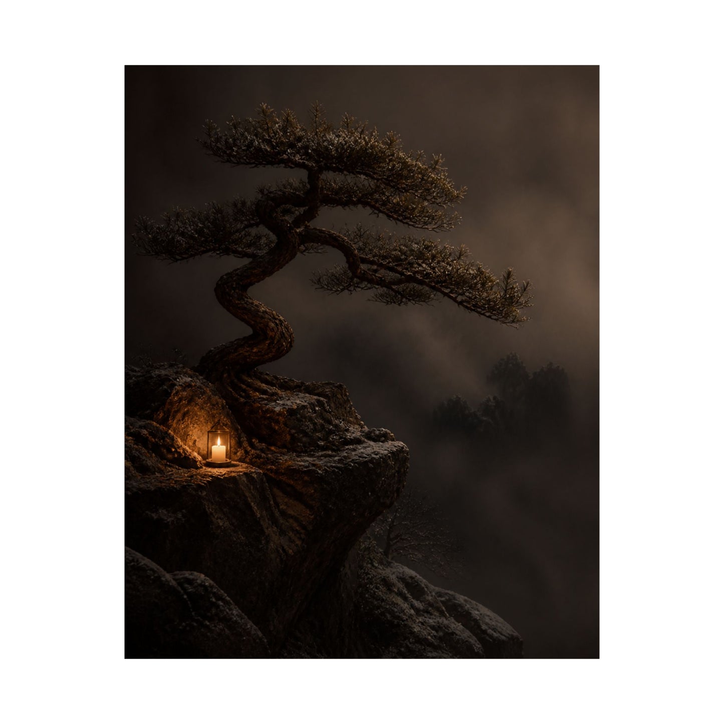 Candlelight Pine Tree Wall Art Print - Dark Japandi Kanso