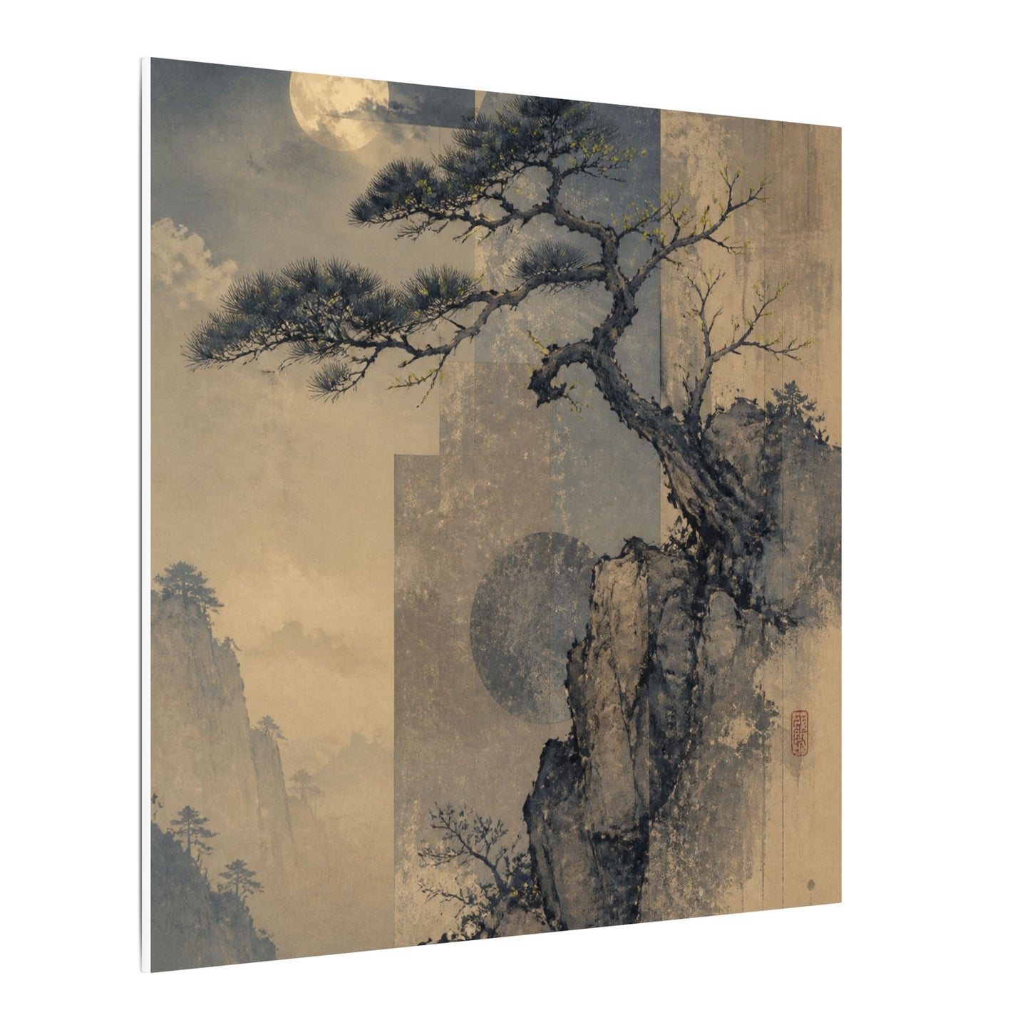 Japandi Pine Tree in Moonlight | Japanese Pattern Canvas Art