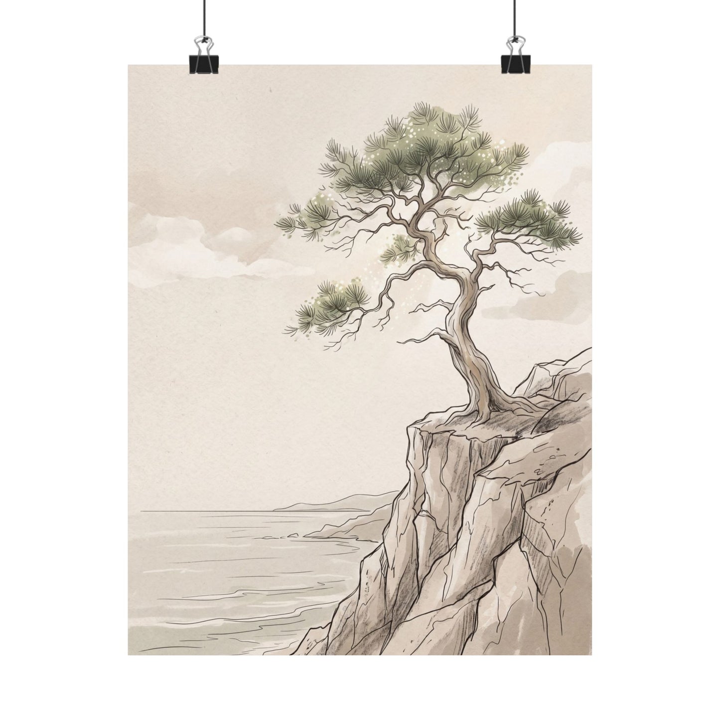 Neutral Pine Tree Wall Art Print - Minimal Line Japandi