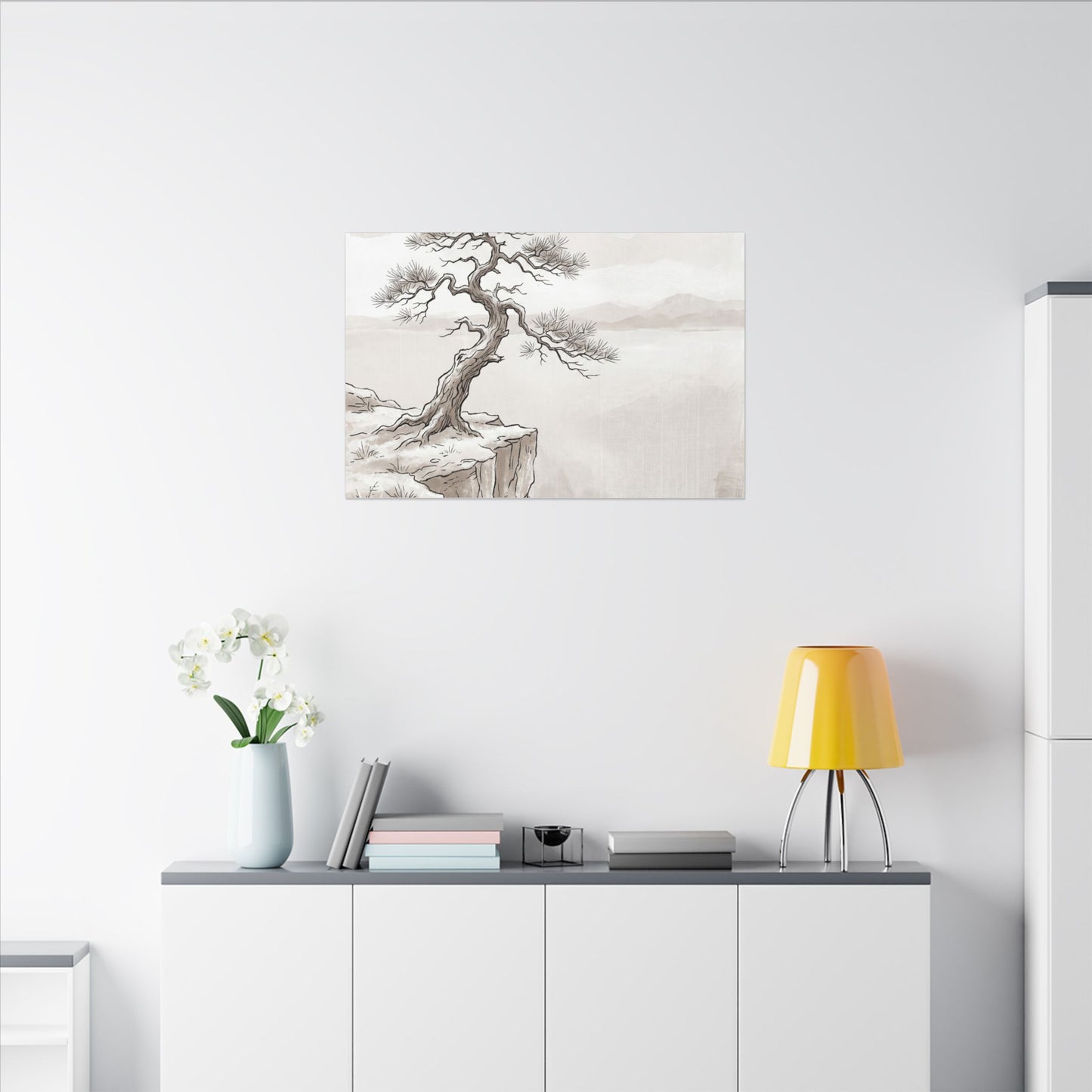 Neutral Pine Tree Canvas Art - Minimal Line Japandi