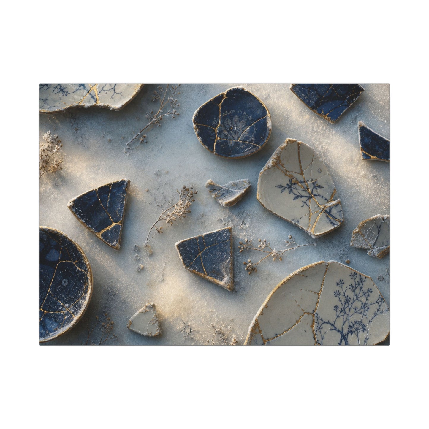 Broken Pottery Canvas Art | Winter Kintsugi Gold Vein Art