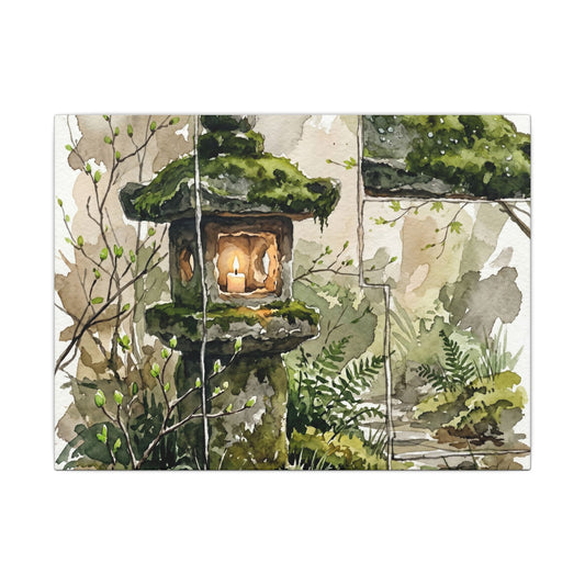 Stone Lantern Watercolor Canvas Art | Elegant Japandi Art