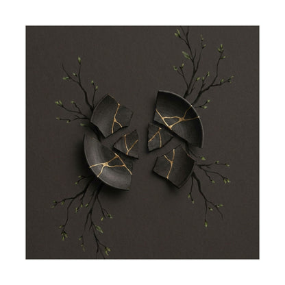 Dark Japandi Broken Pottery in Overcast | Charcoal Ink Wall Art Print