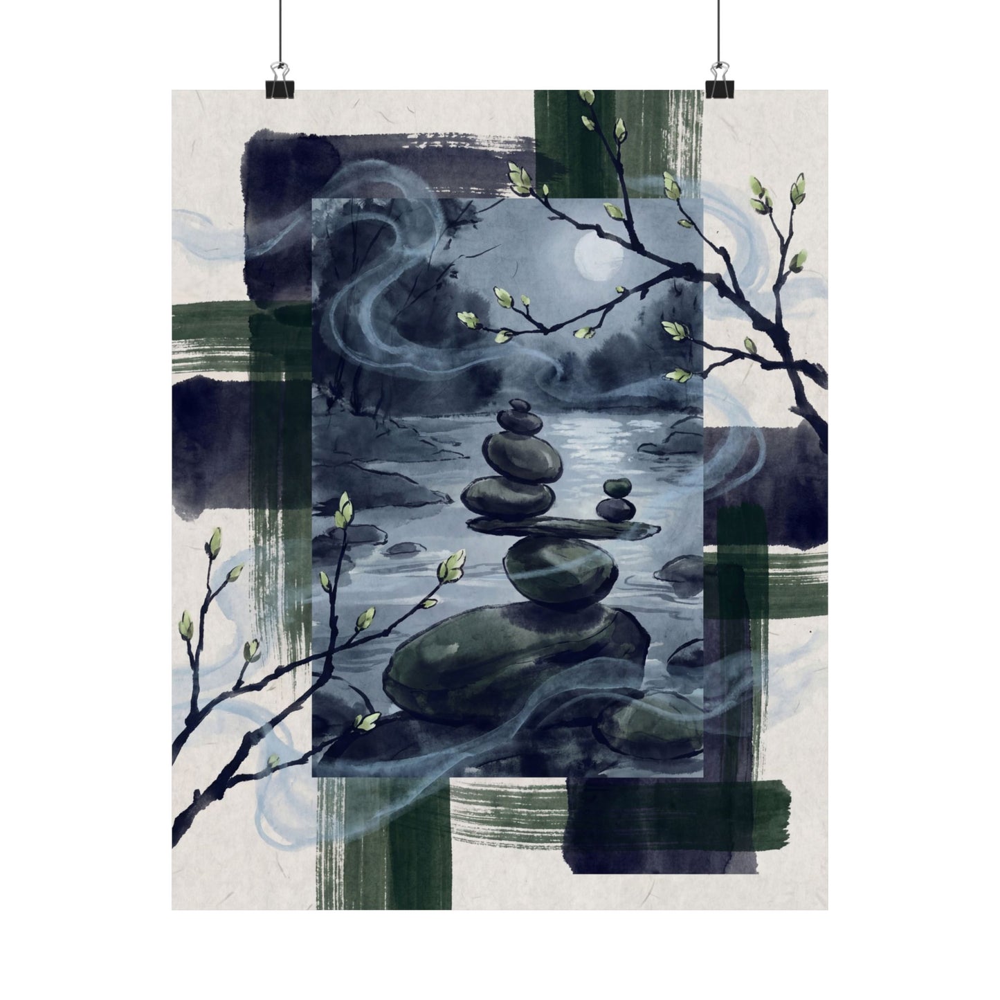 River Stones Wall Art Print | Spring Zen Sumi E Art Art Print
