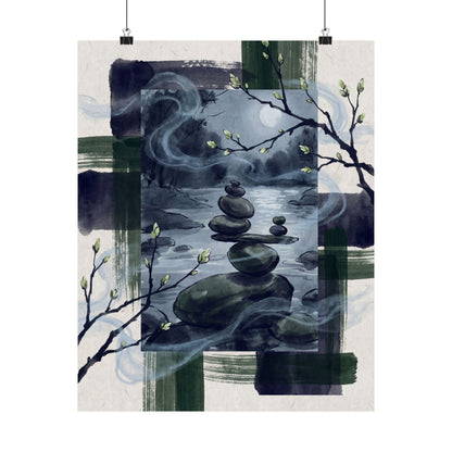 River Stones Wall Art Print | Spring Zen Sumi E Art Art Print