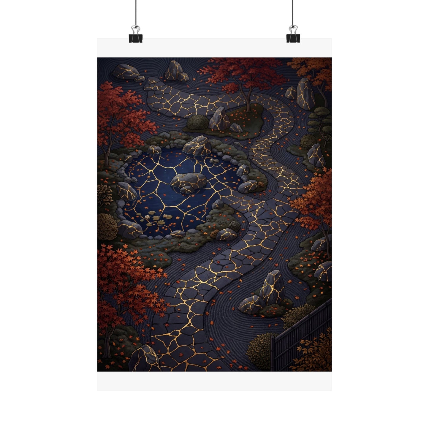 Moonlit Garden Wall Art Print | Autumn Kintsugi Gold Vein Art