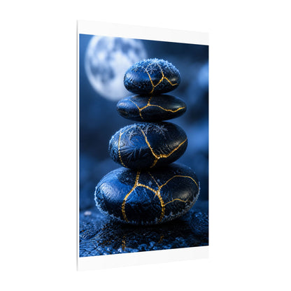 River Stones Canvas Art | Winter Kintsugi Gold Repair Art