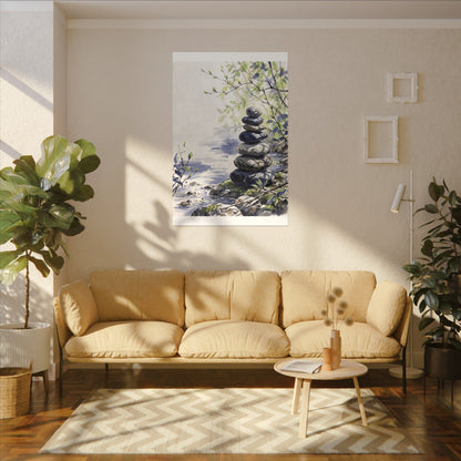 River Stones Sumi E Canvas Art | Serene Zen Art
