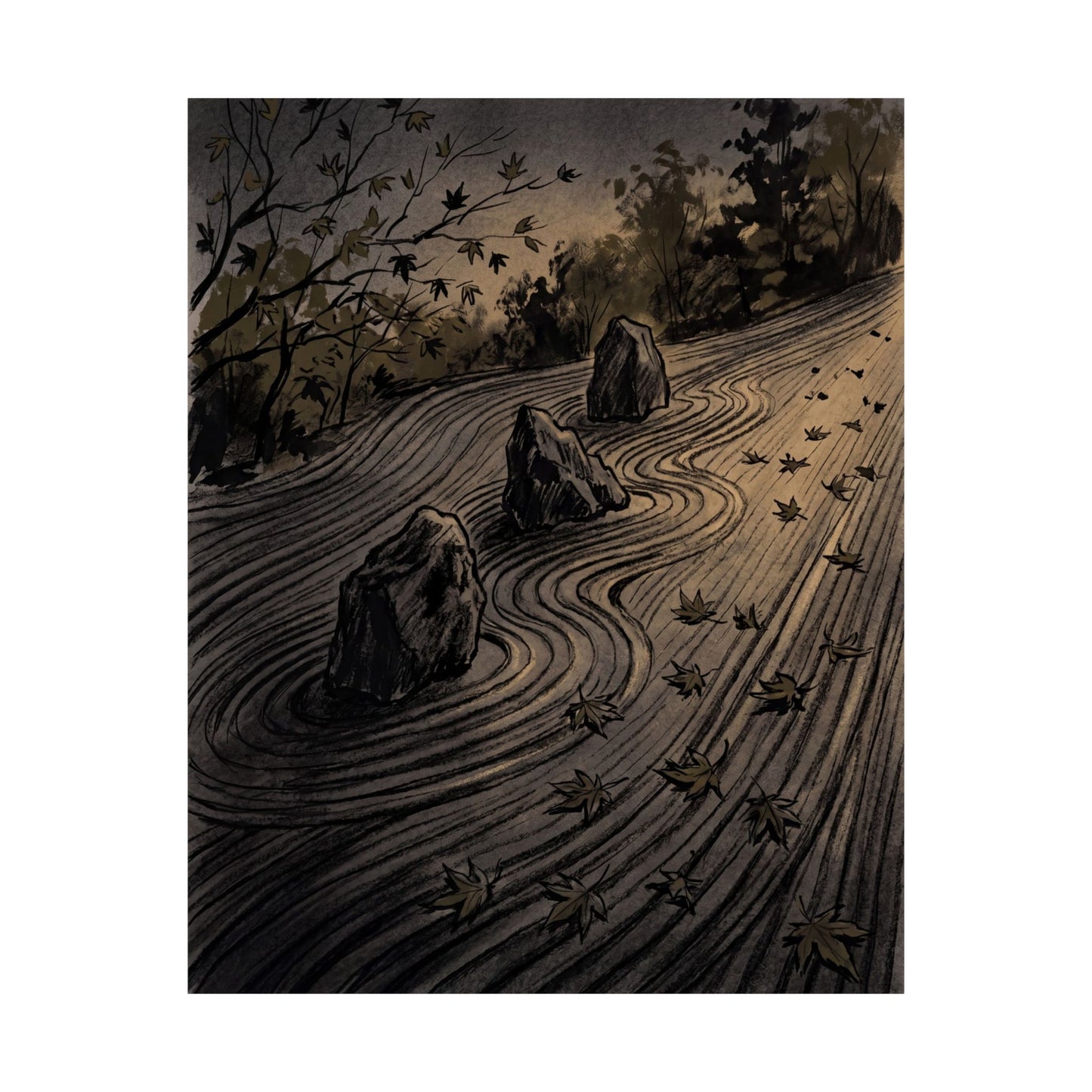 Rock Garden Autumn Wall Art Print | Dark Japandi Sophisticated Design