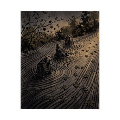 Rock Garden Autumn Wall Art Print | Dark Japandi Sophisticated Design
