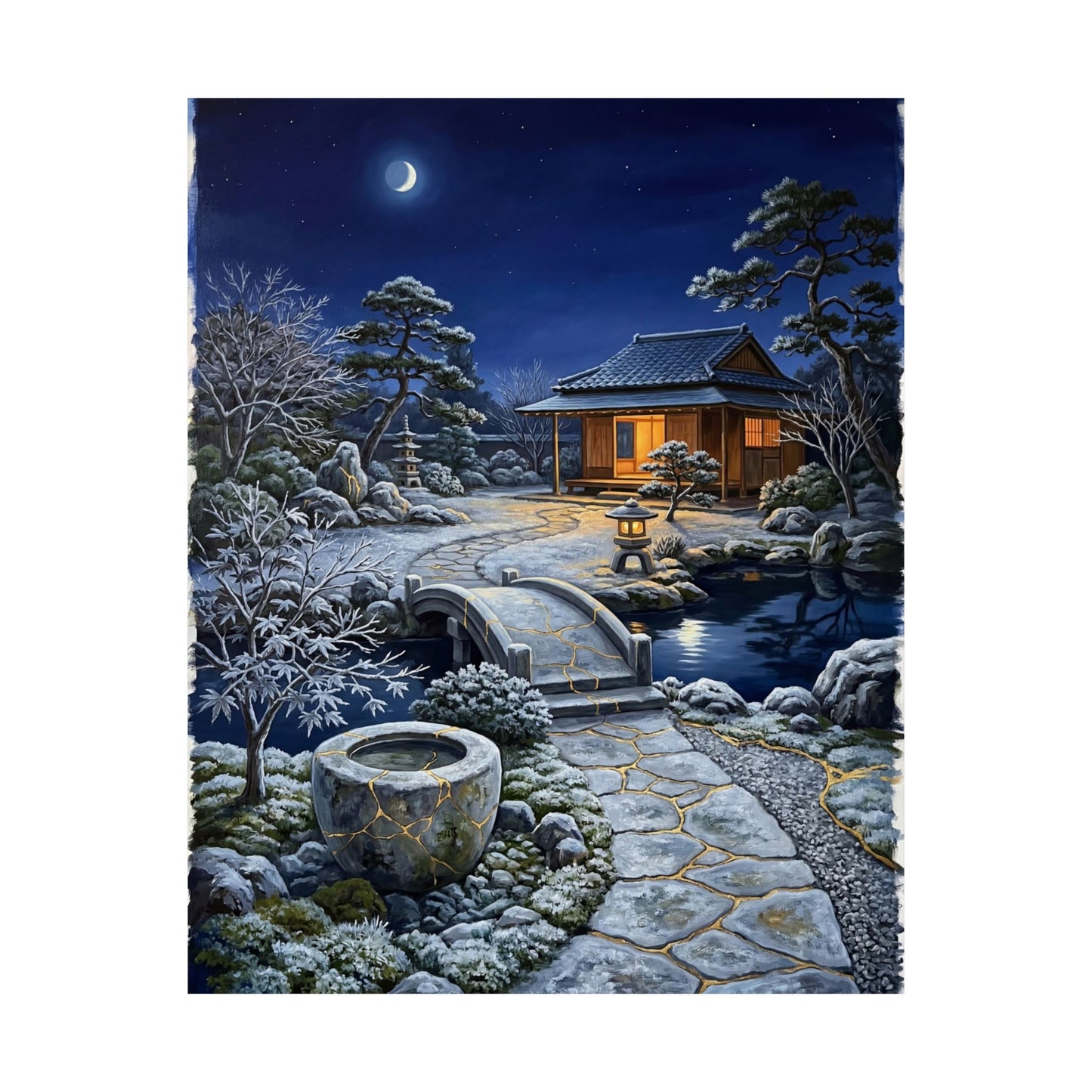 Moonlit Garden Winter Wall Art Print | Kintsugi Philosophical Design
