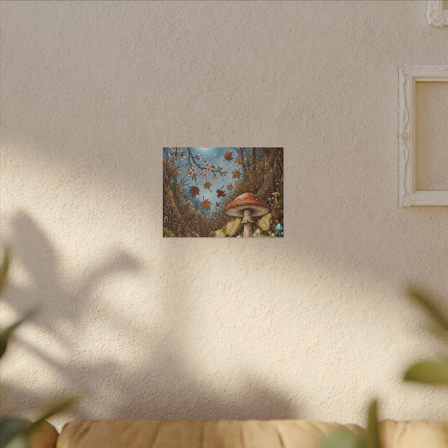Autumn Cherry Blossom Mushroom Illustration Canvas Art | Enchanting Decor