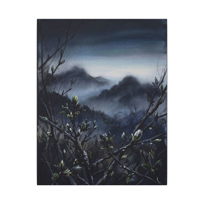 Mountain Mist Spring Canvas Art | Dark Japandi Atmospheric Design