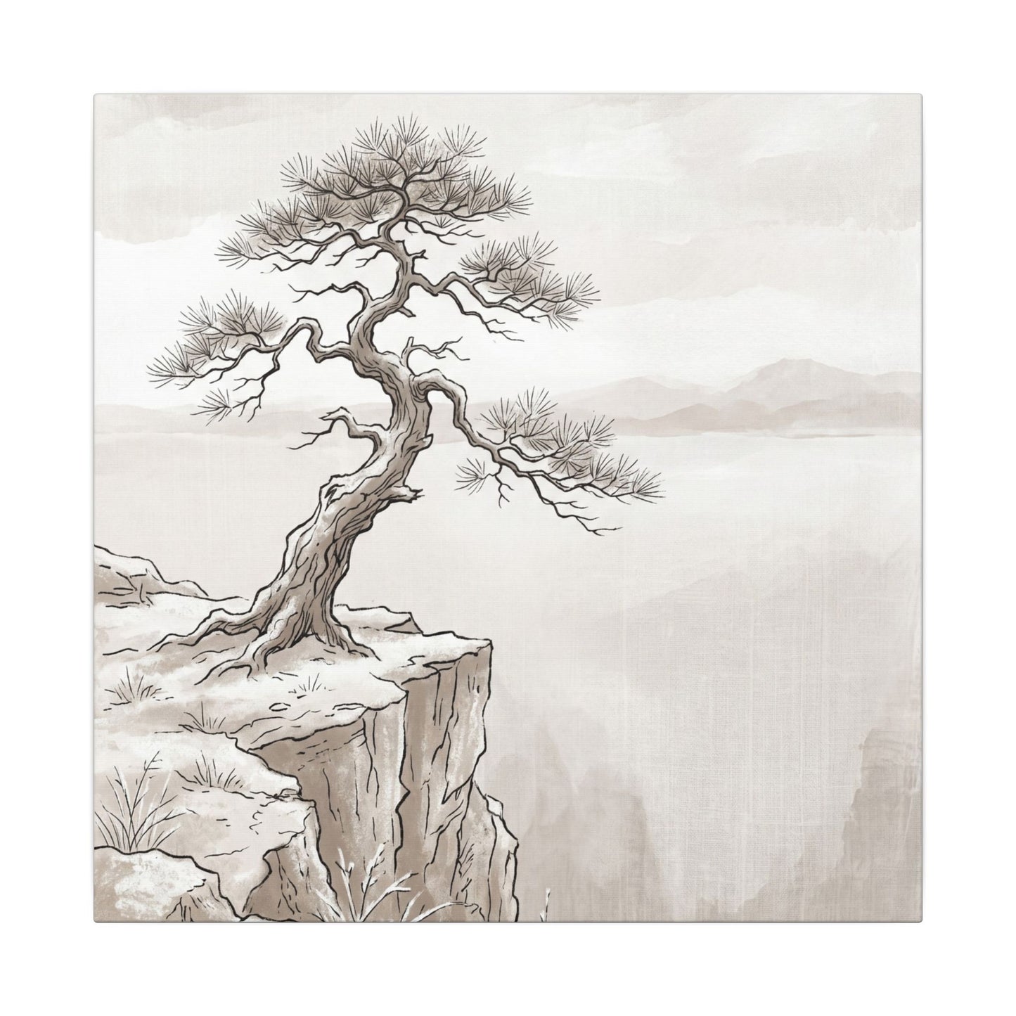 Neutral Pine Tree Canvas Art - Minimal Line Japandi