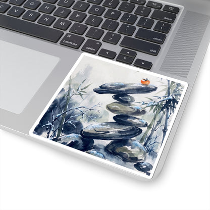 Zen River Stones in Moonlight | Sumi E Sticker Art Print