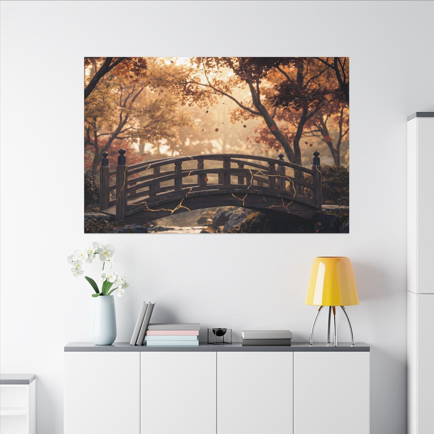 Autumn Wooden Bridge Gold Vein Canvas Art | Resilient Decor