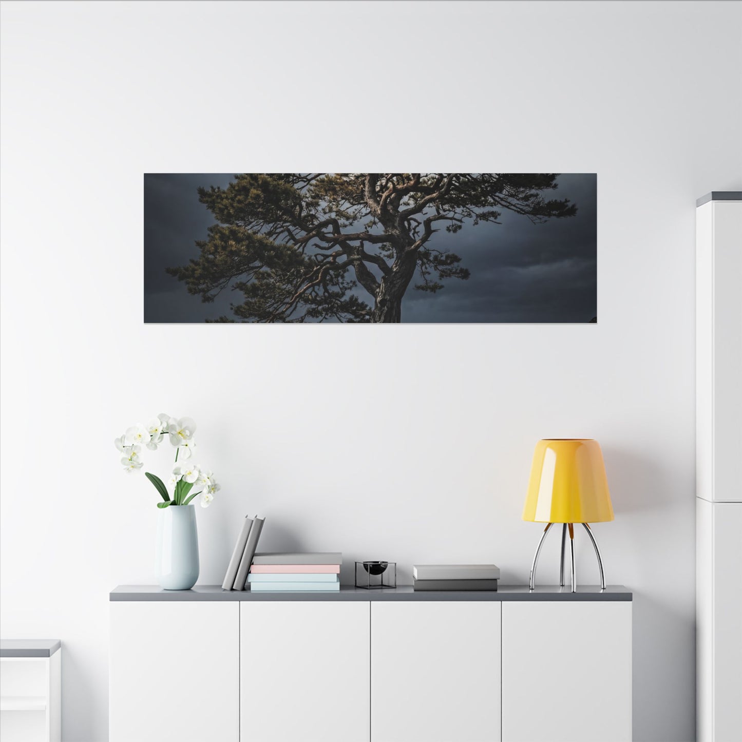 Dappled Pine Tree Canvas Art - Dark Japandi Fukinsei