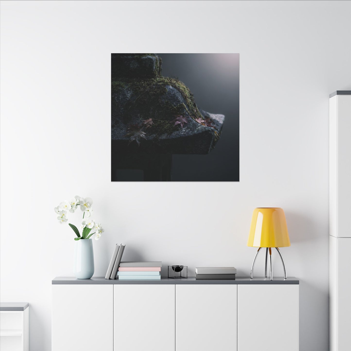 Stone Lantern Moody Minimal Canvas Art | Sophisticated Dark Japandi Art
