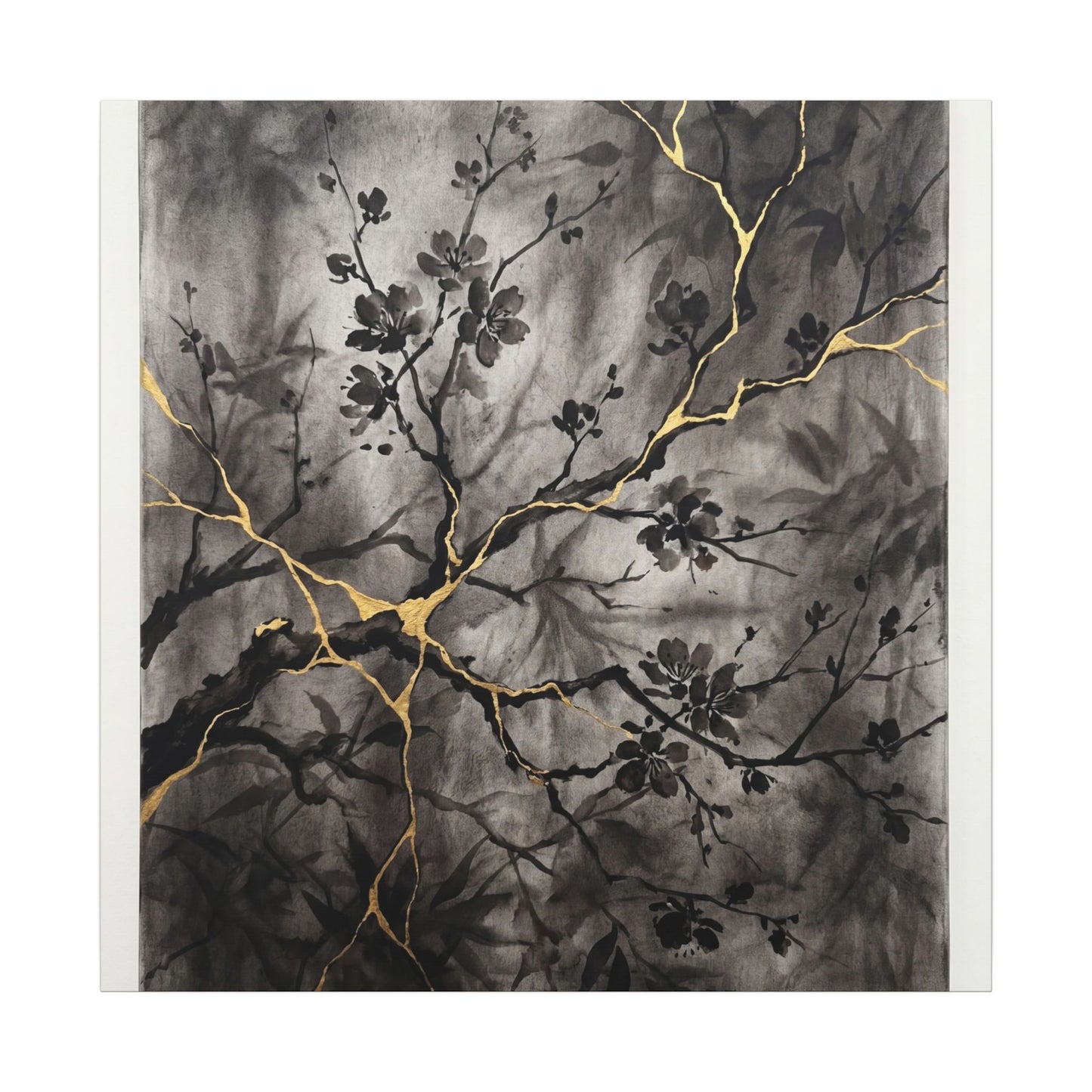 Kanso Cherry Blossom Canvas Art - Kintsugi Crackle Gold