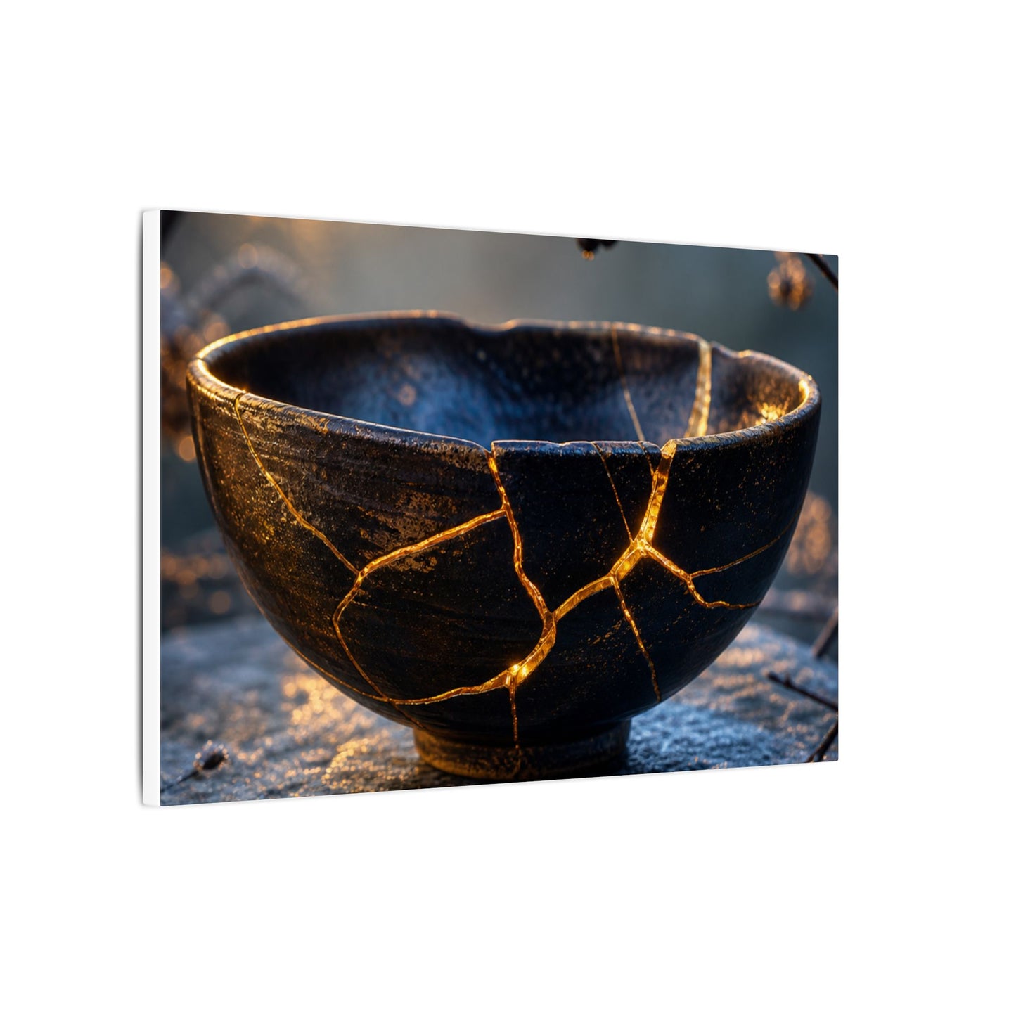Ceramic Bowl Canvas Art | Winter Kintsugi Gold Repair Art