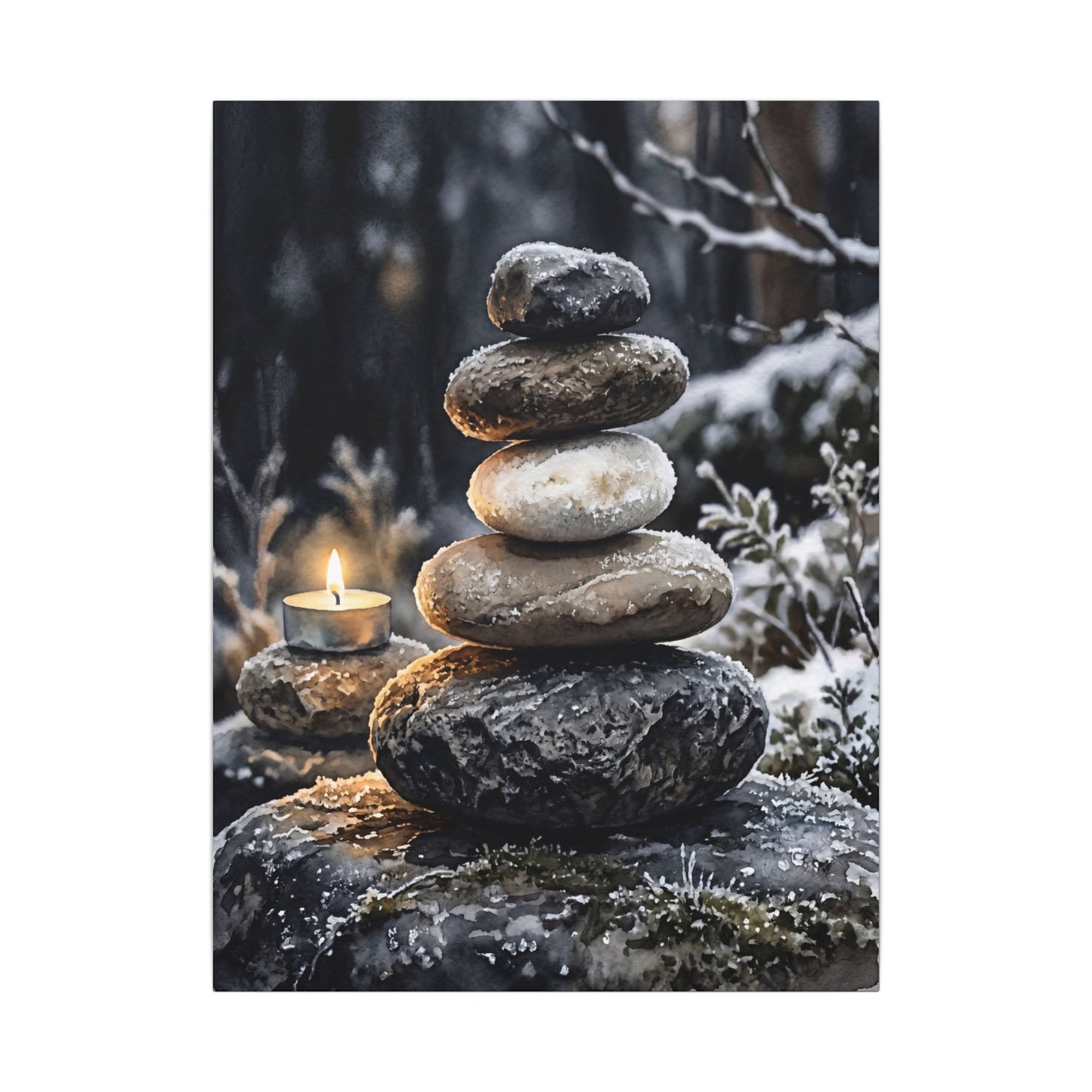 River Stones Canvas Art | Winter Japandi Watercolor Art