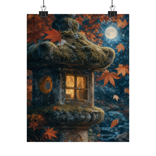 Stone Lantern Autumn Wall Art Print | Cottagecore Earthy Design