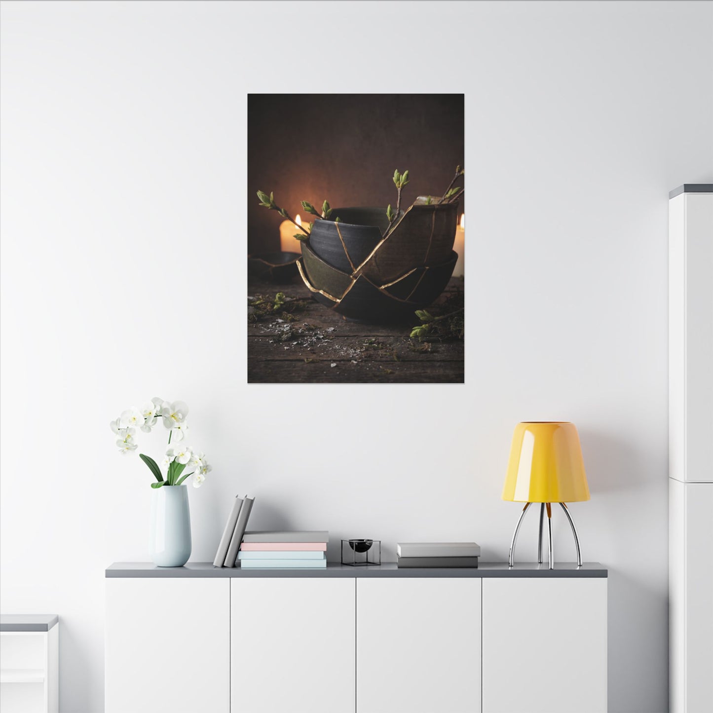 Broken Pottery Spring Canvas Art | Dark Japandi Luxurious Design