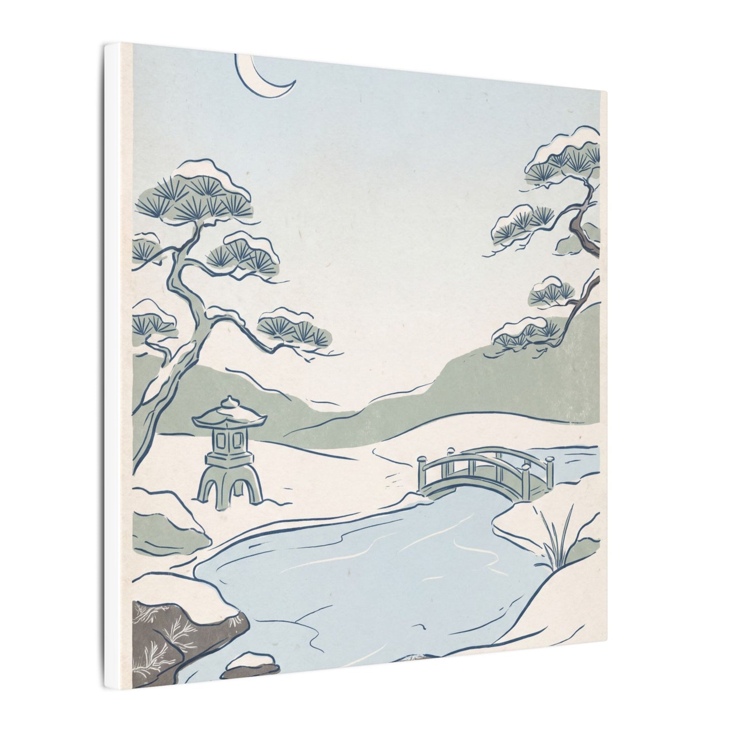 Japandi Moonlit Garden in Moonlight | Minimal Line Canvas Art
