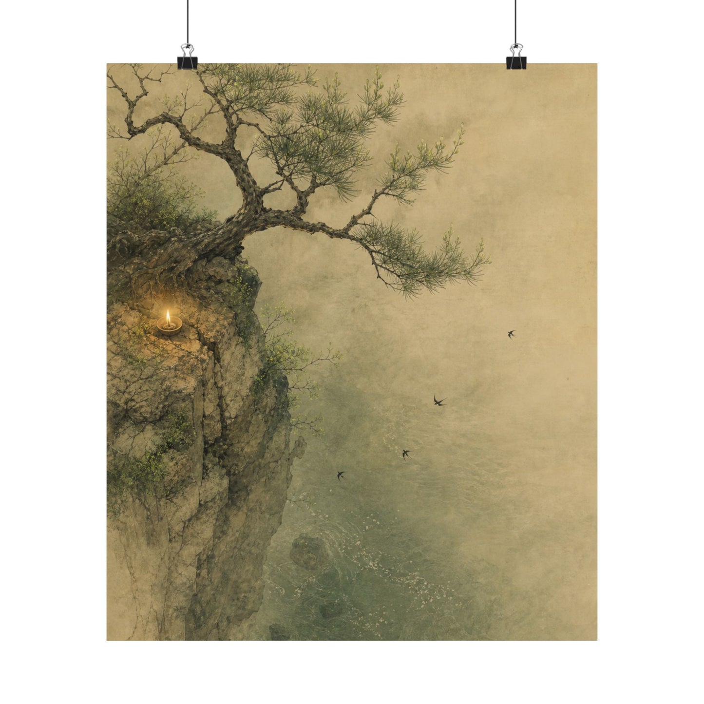 Japandi Pine Tree in Candlelight | Minimal Line Wall Art Print