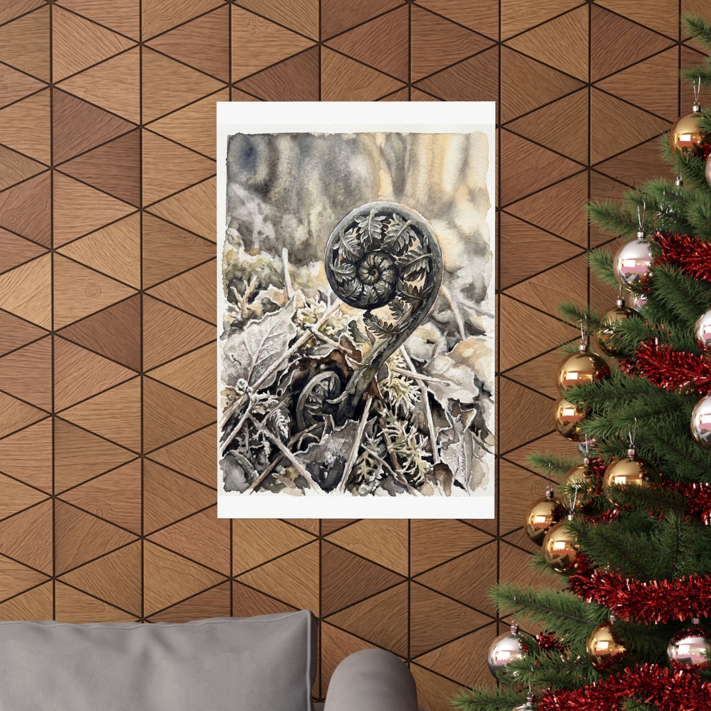 Japandi Fern Unfurling in Golden Hour | Watercolor Wall Art Print