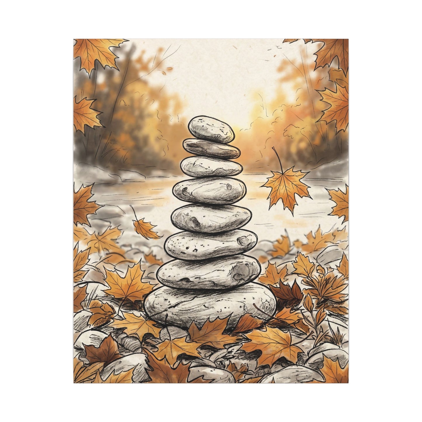 Earthy River Stones Canvas Art - Minimal Line Japandi