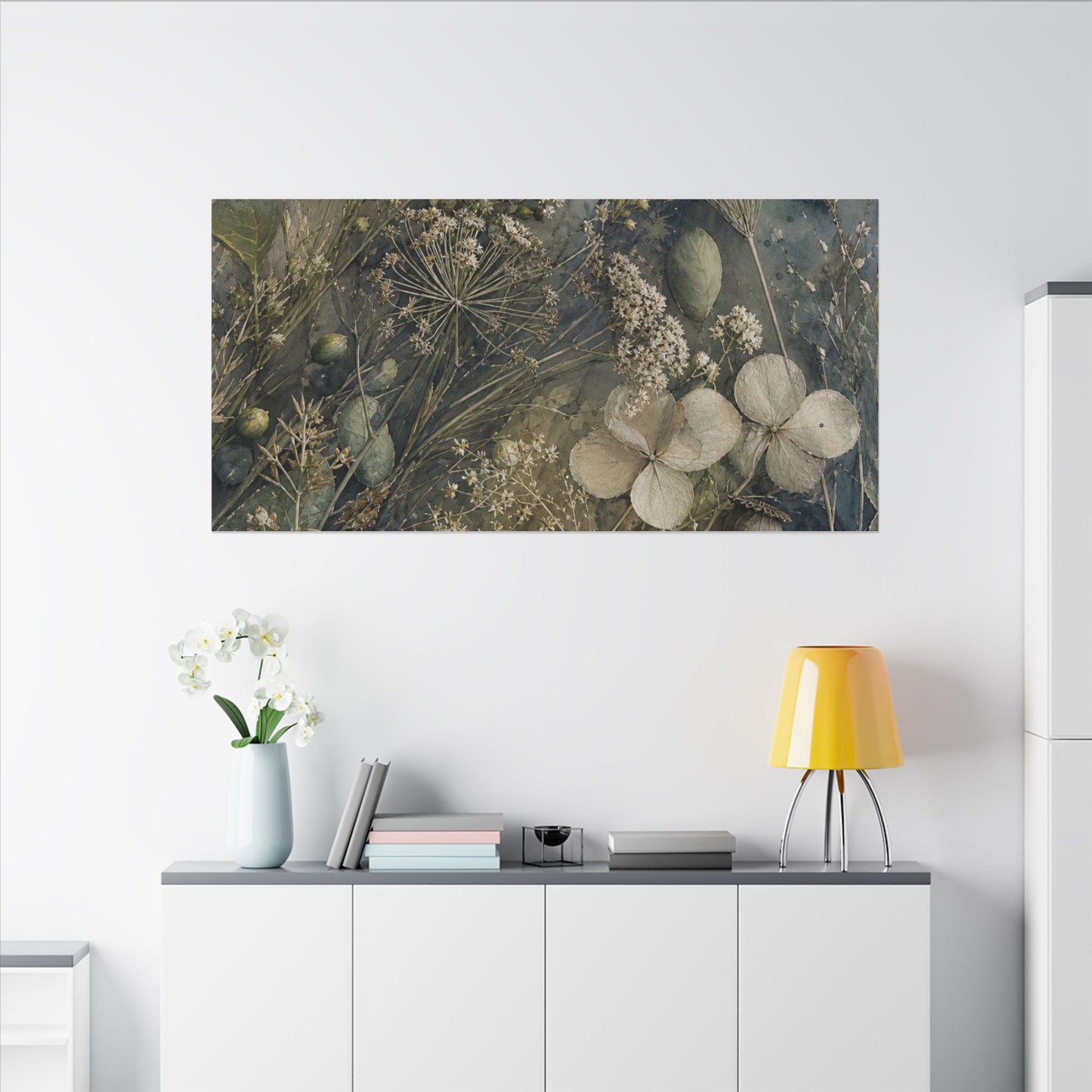 Japandi Dried Flowers in Moonlight | Watercolor Canvas Art