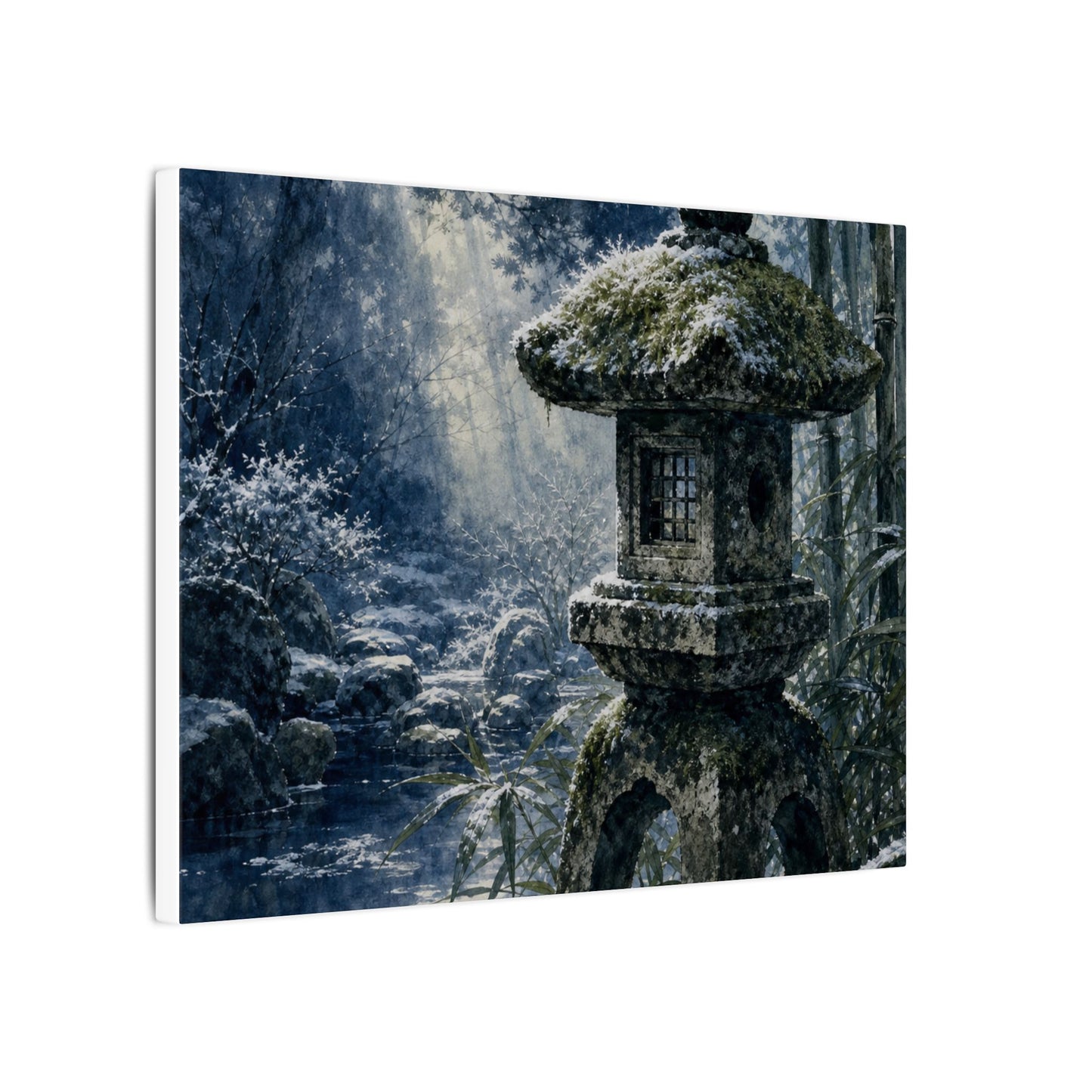 Zen Stone Lantern in Dappled | Sumi E Canvas Art