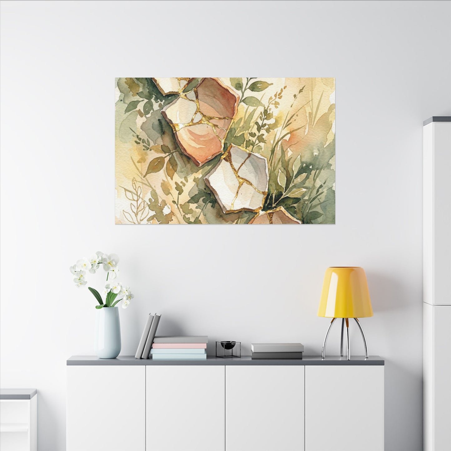 Japandi Broken Pottery in Golden Hour | Watercolor Canvas Art