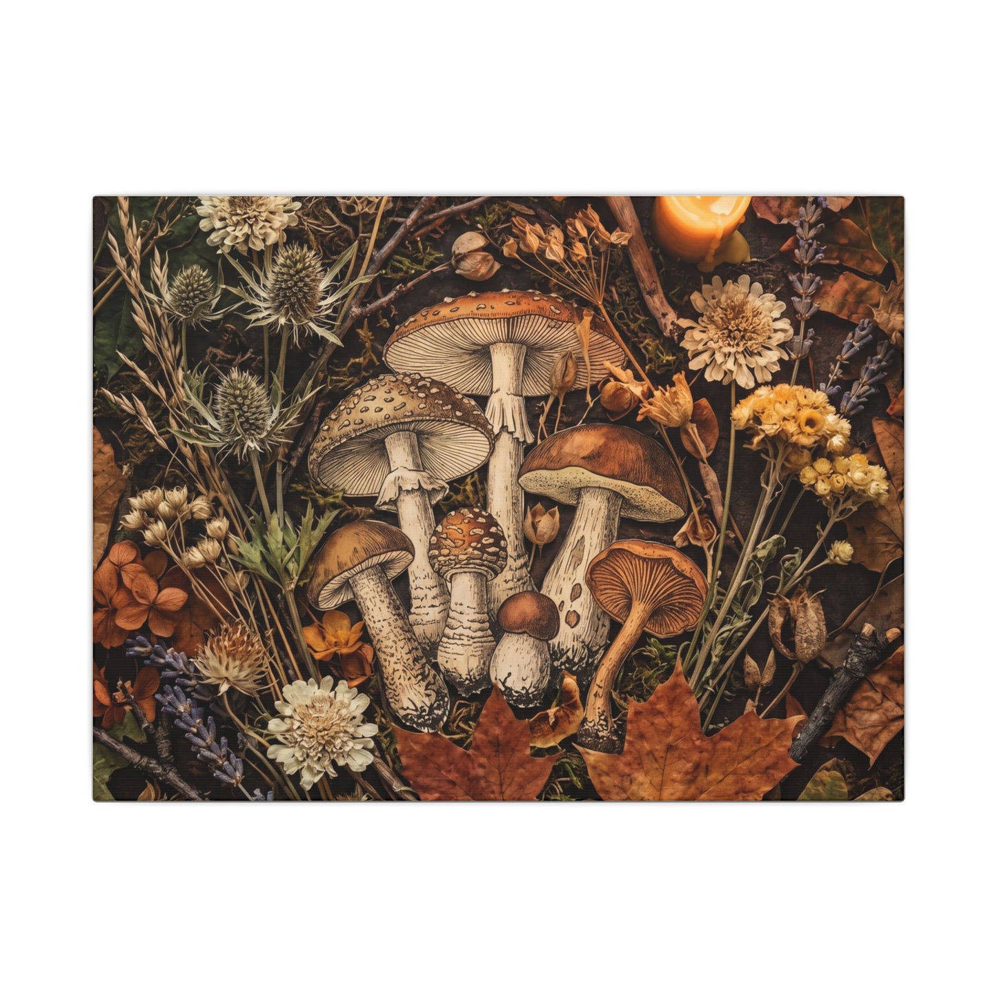 Autumn Dried Flowers Mushroom Illustration Canvas Art | Earthy Decor