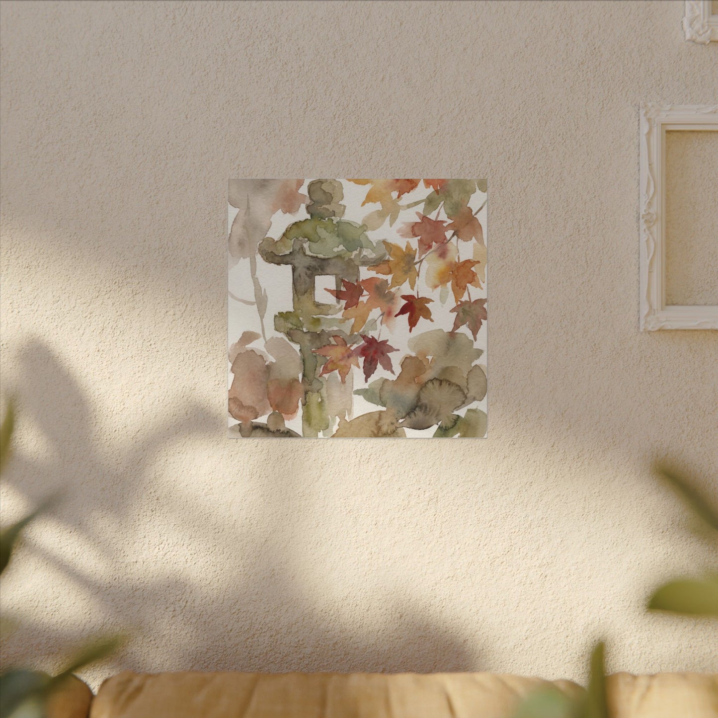 Stone Lantern Watercolor Canvas Art | Earthy Japandi Art