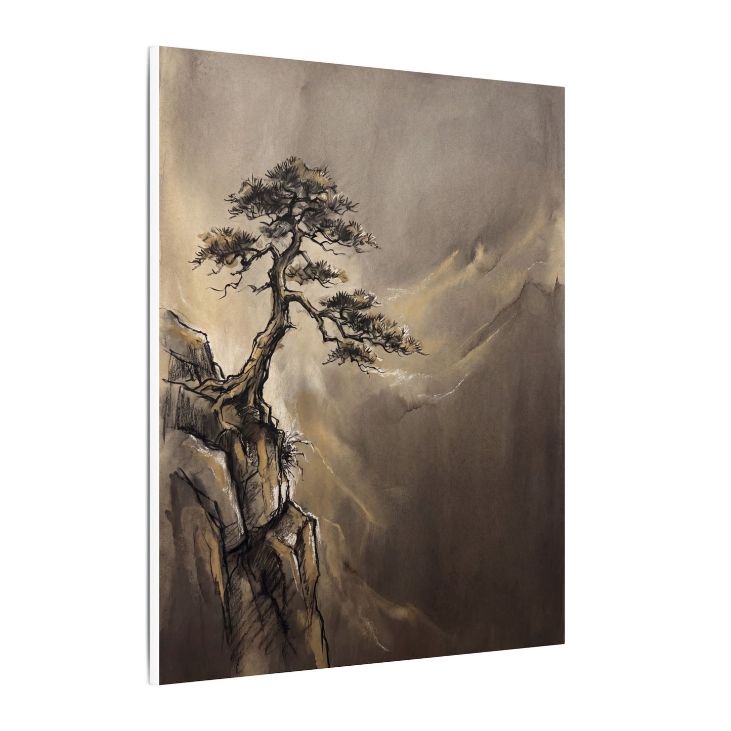 Pine Tree Charcoal Ink Canvas Art | Luxurious Dark Japandi Art