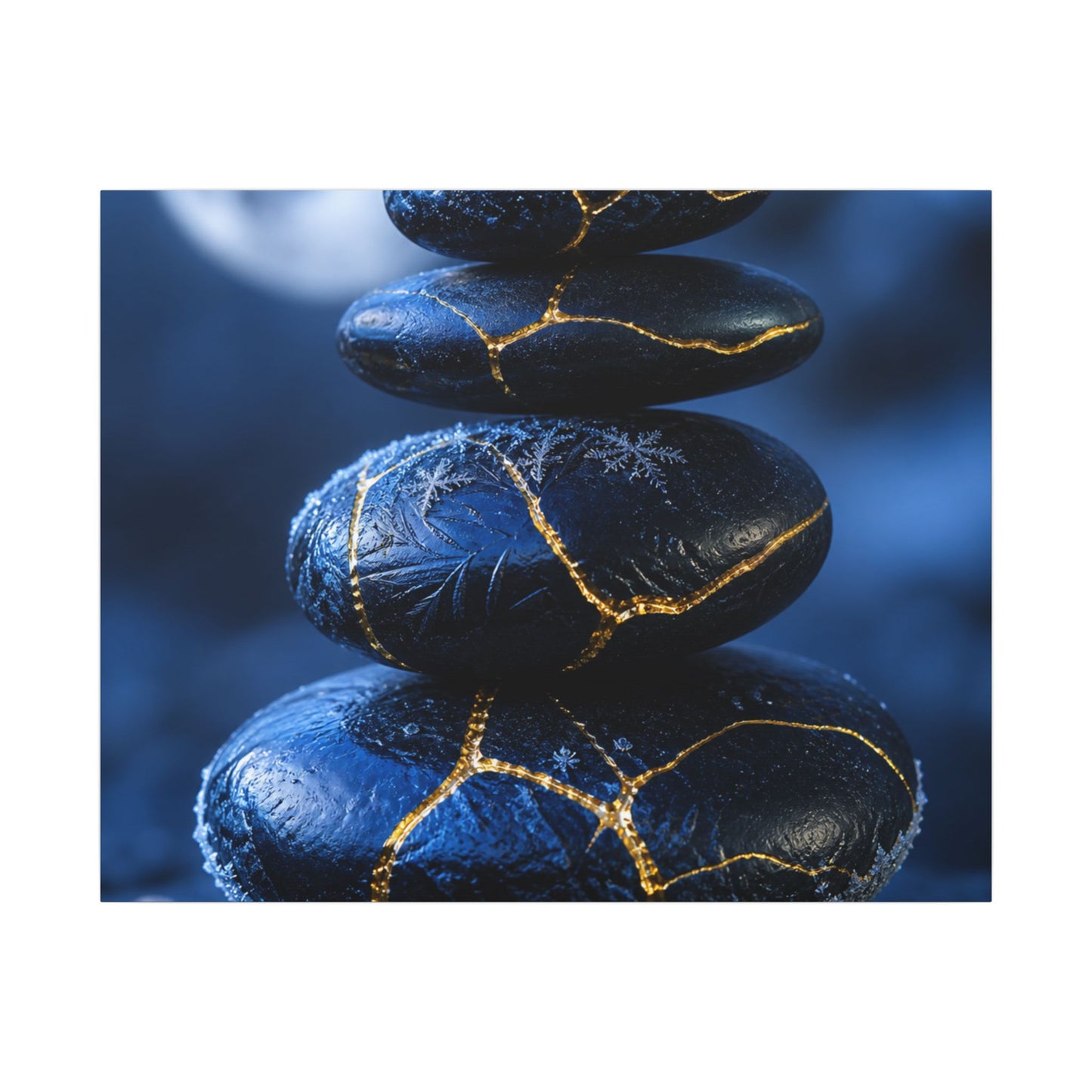 River Stones Canvas Art | Winter Kintsugi Gold Repair Art