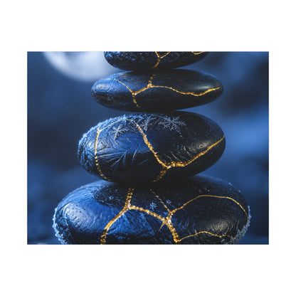 River Stones Canvas Art | Winter Kintsugi Gold Repair Art